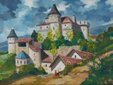 an oil painting of a castle on a hill with a horse in the foreground
