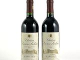 deux bouteilles de vin rouge posées l'une à côté de l'autre sur une surface blanche
