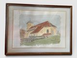 aquarelle encadrée représentant une église avec un clocher et un clocher