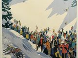 skiers and snowboarders are lined up on a snowy slope