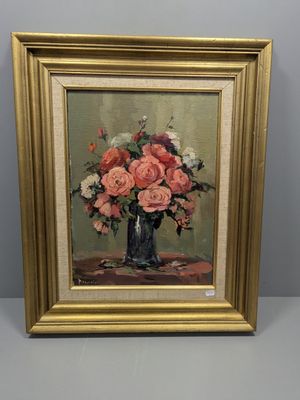 peinture d'un vase de fleurs sur une table dans un cadre doré