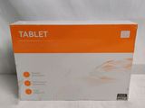 an orange and white box of a tablet on a white surface