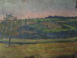an oil painting of a field with trees and a sky in the background