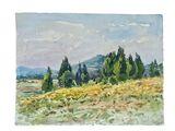 watercolor painting of a field with trees and a house in the distance