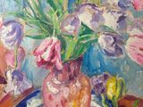 a painting of flowers in a vase on a table