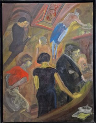 painting of a group of people in a bar with a man in the middle of the bar