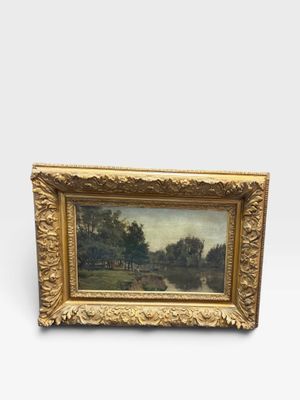 une peinture d'un paysage avec une rivière au premier plan