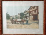 painting of a horse drawn carriage pulling a wagon down a street