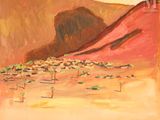 an oil painting of a desert scene with a mountain in the background