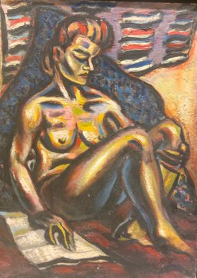 une peinture à l'huile représentant une femme assise sur une chaise, les jambes croisées