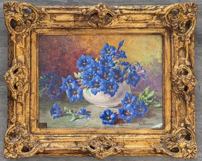 an oil painting of blue flowers in a white bowl on a table