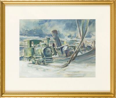 un tableau représentant un train, exposé dans un cadre doré