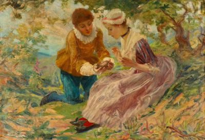 tableau représentant un couple assis par terre dans l'herbe