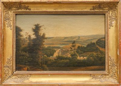 une peinture à l'huile représentant un paysage avec des arbres et des collines en arrière-plan