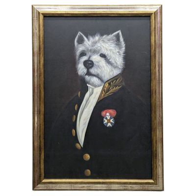 un tableau représentant un chien blanc vêtu d'un uniforme militaire