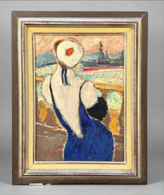 une image d'un tableau représentant une femme en robe bleue