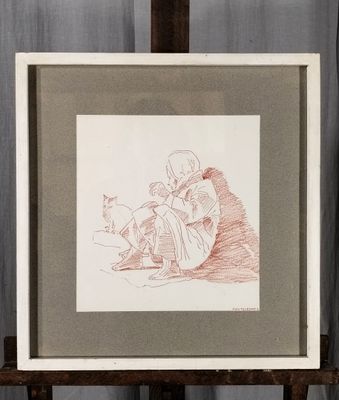 MONTELEONE. S. Sanguine. Homme assis au chat.