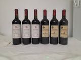 six bottles of red wine are lined up on a table