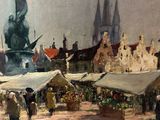 a painting of a market with people walking around it