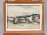 an image of a painting of boats on the water in a wooden frame