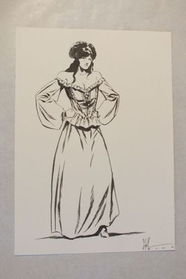 dessin représentant une femme en robe longue, les mains sur les hanches