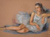 tableau représentant une femme en robe blanche assise par terre