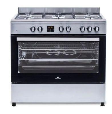 une cuisinière en acier inoxydable avec une porte vitrée et la porte du four ouverte