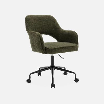 an image of a green office chair with wheels on a white background
