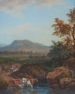 un tableau représentant des vaches en train de boire l'eau d'un ruisseau