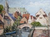 a painting of a small river running through a town