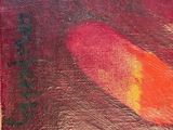 painting of a red and yellow fish in a pond of water