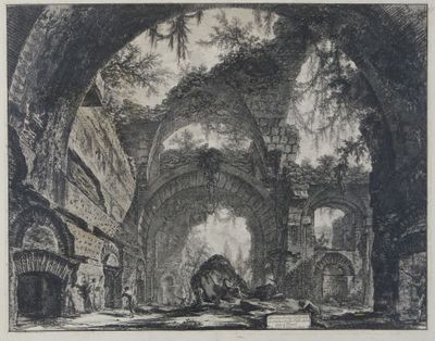 an image of a black and white drawing of a man sitting in a ruined building