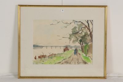 aquarelle encadrée représentant deux personnes marchant sur un sentier