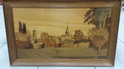 une image d'une photo d'un tableau représentant une église dans un champ