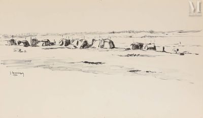 dessin représentant un troupeau de chevaux paissant dans un champ au bord d'un plan d'eau