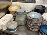 a lot of plates on the counter in the kitchen