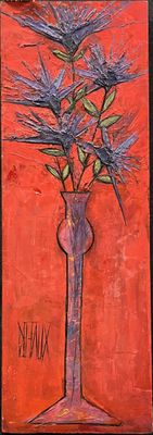 a painting of a vase with blue flowers in it