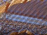 a close up of a blue and brown scarf with a picture on it