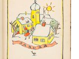 un vieux livre avec, au milieu, le dessin d'une ville