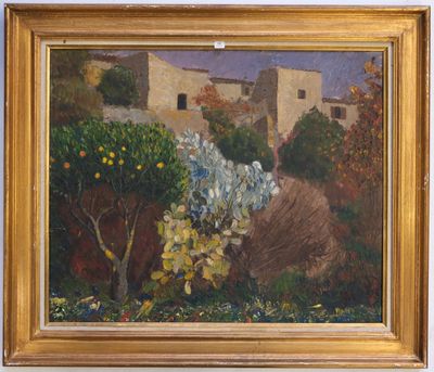 an image of a painting of a house and trees in a garden