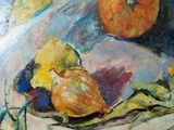 a painting of a bowl of fruit on a table