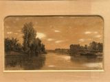 painting of a view of a river with a bridge in the distance
