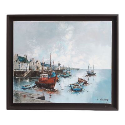 painting of a harbor scene with boats in the water