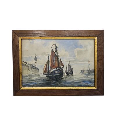 an oil painting of a sailboat on the water with a lighthouse in the background