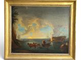 an image of a painting of a horse drawn carriage on a beach