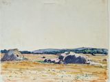 une image représentant un tableau où l'on voit un champ avec des rochers au loin