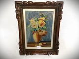 a picture of a painting of flowers in a vase on a table