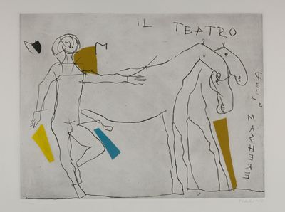 an image of a drawing of a man standing next to a horse