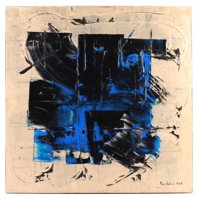tableau représentant une composition abstraite bleue et noire sur fond blanc