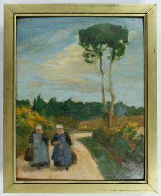 une peinture à l'huile représentant deux femmes marchant sur un chemin de terre